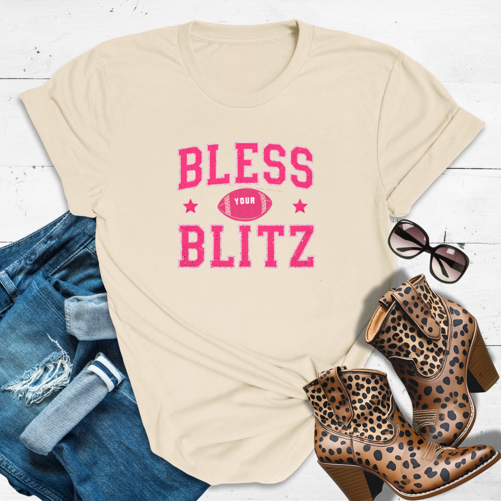 BLESS YOUR BLITZ.™ Tee — Faith, flair, and a first down