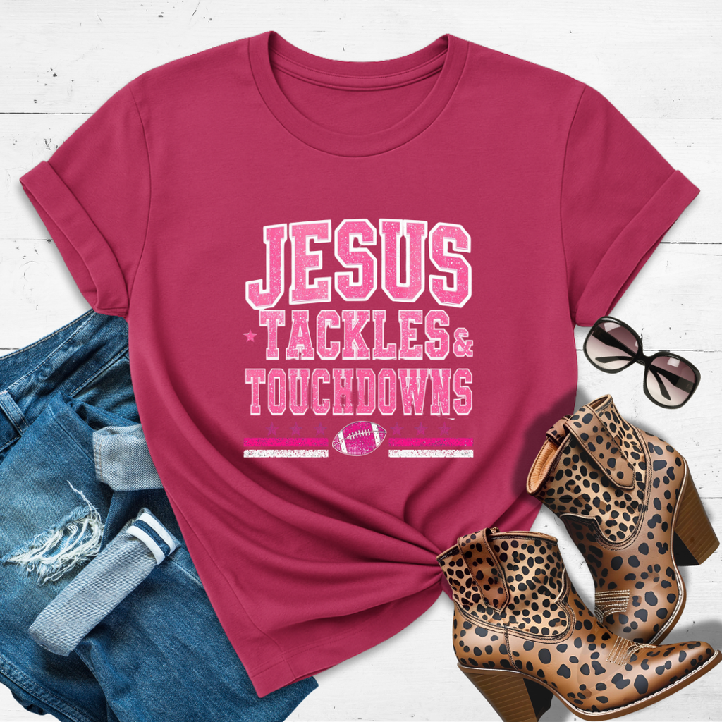 JESUS, TACKLES & TOUCHDOWNS.™ Tee — Faith, field goals, and fierce spirit